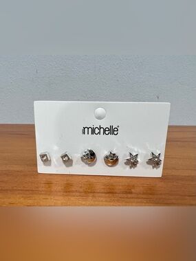 RAMO MICHELLE Earrings 3 Piece Set Silver Tone Studs Star Moon $39 MSRP